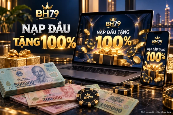 Minh họa ưu đãi nạp đầu tặng 100% BH79 trên điện thoại và laptop.